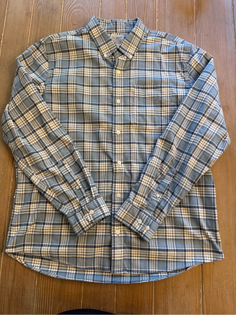 L.L. Bean Light Blue and White Plaid Button-Down Shirt